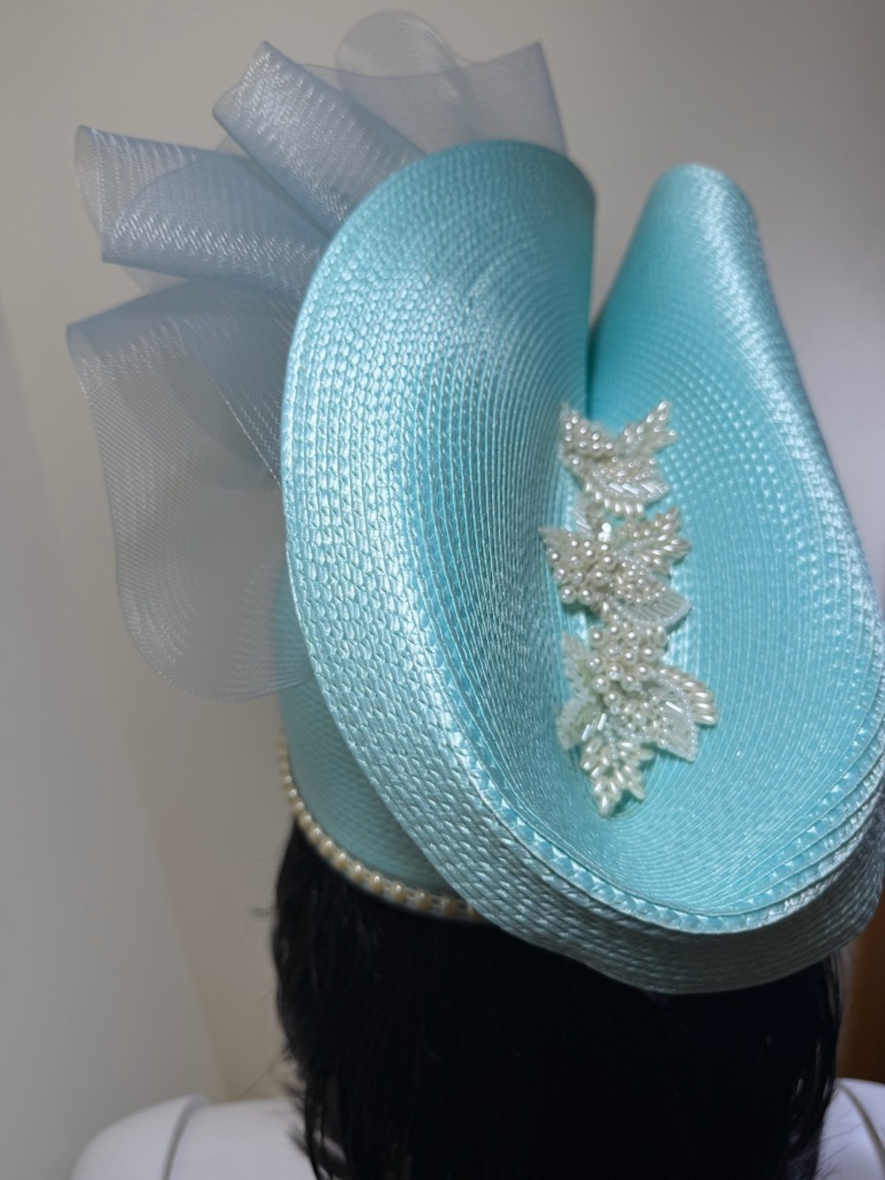 Aqua Women’s Statement Fascinator Hat with Pearl Trim - Picture 4 of 7